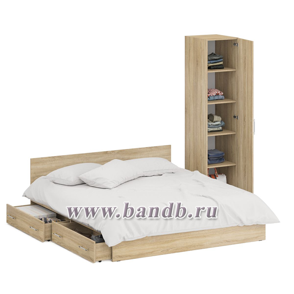 Двуспальная кровать с ящиками 1800 с пеналом Стандарт цвет дуб сонома Картинка № 2