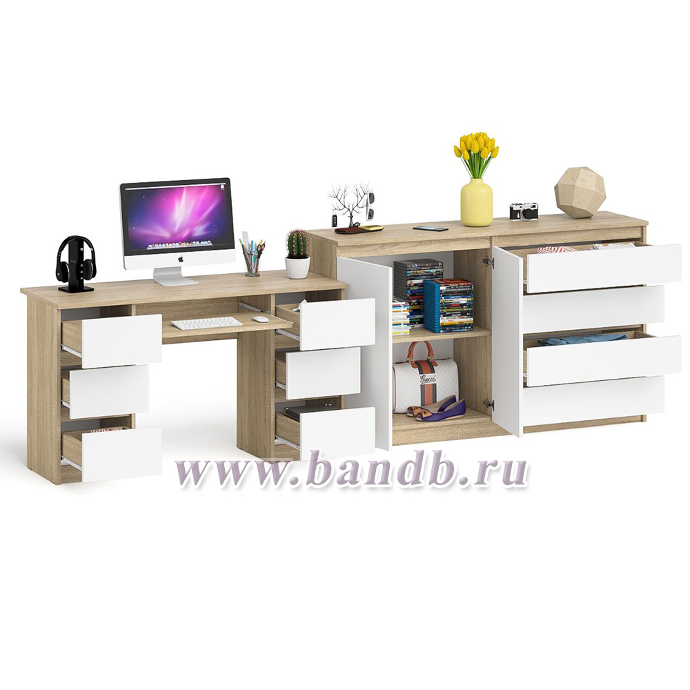 Компьютерный двухтумбовый стол с панелью для клавиатуры с тумбой-комодом 1600 Мори цвет дуб сонома/белый Картинка № 2
