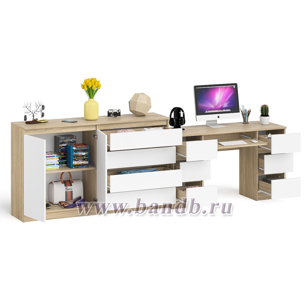 Компьютерный двухтумбовый стол с панелью для клавиатуры с тумбой-комодом 1600 Мори цвет дуб сонома/белый Картинка № 4