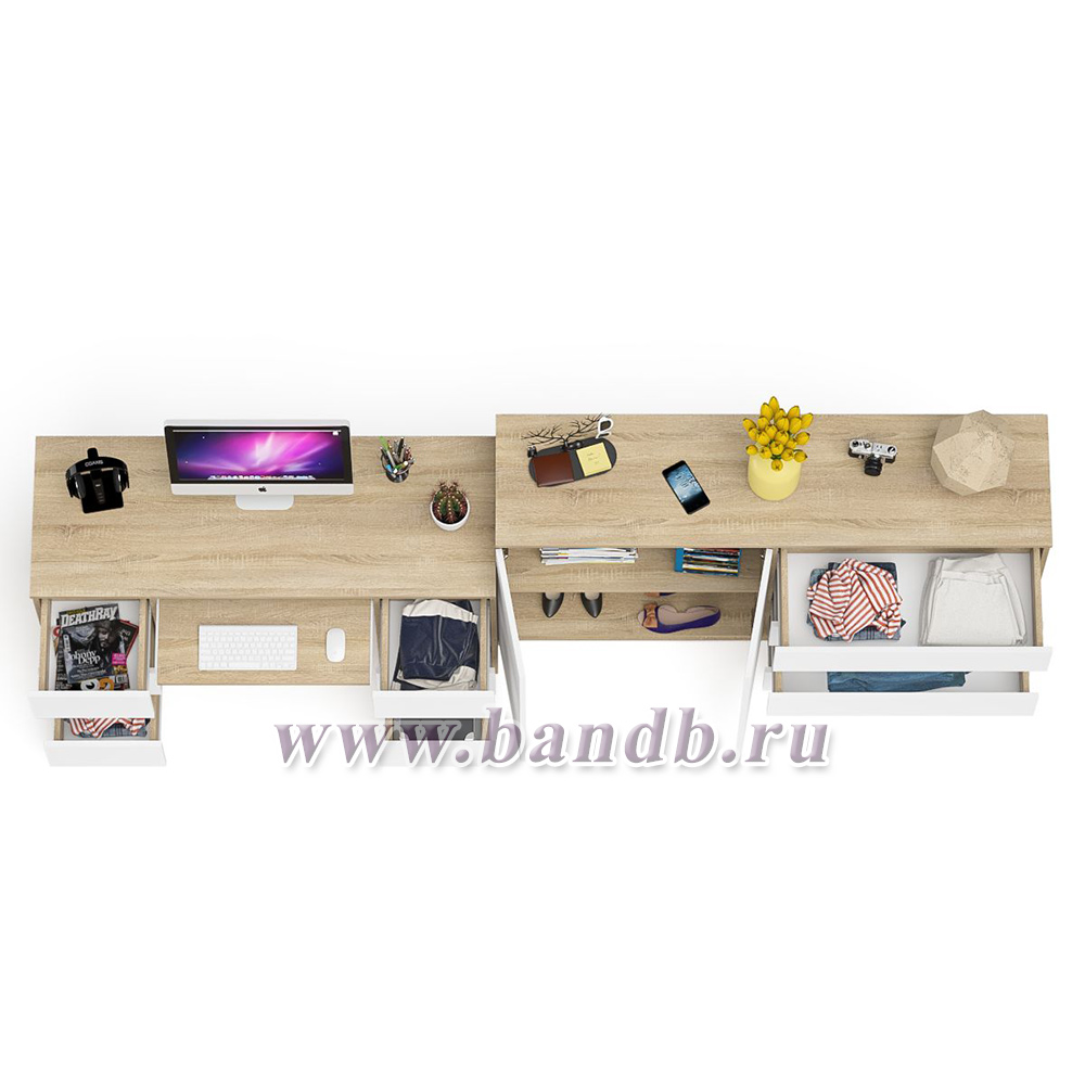 Компьютерный двухтумбовый стол с панелью для клавиатуры с тумбой-комодом 1600 Мори цвет дуб сонома/белый Картинка № 6