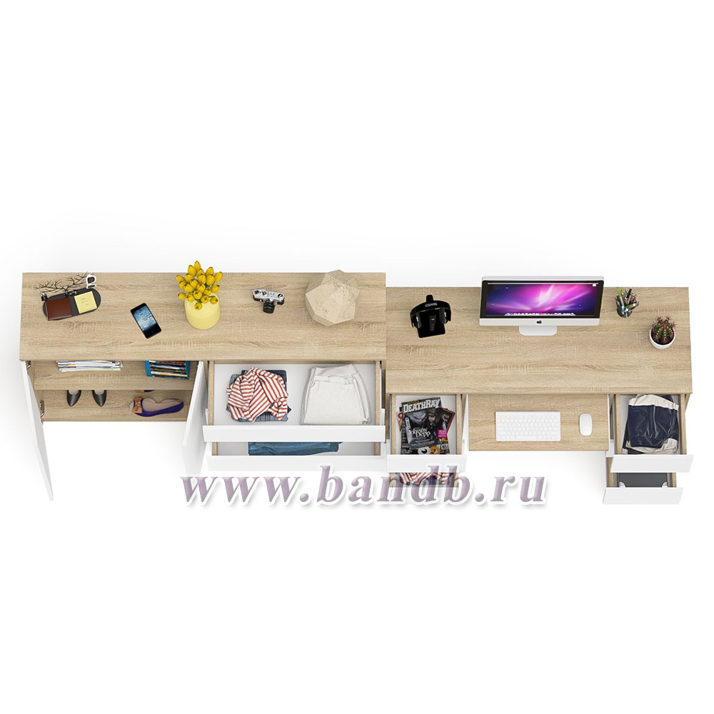 Компьютерный двухтумбовый стол с панелью для клавиатуры с тумбой-комодом 1600 Мори цвет дуб сонома/белый Картинка № 8