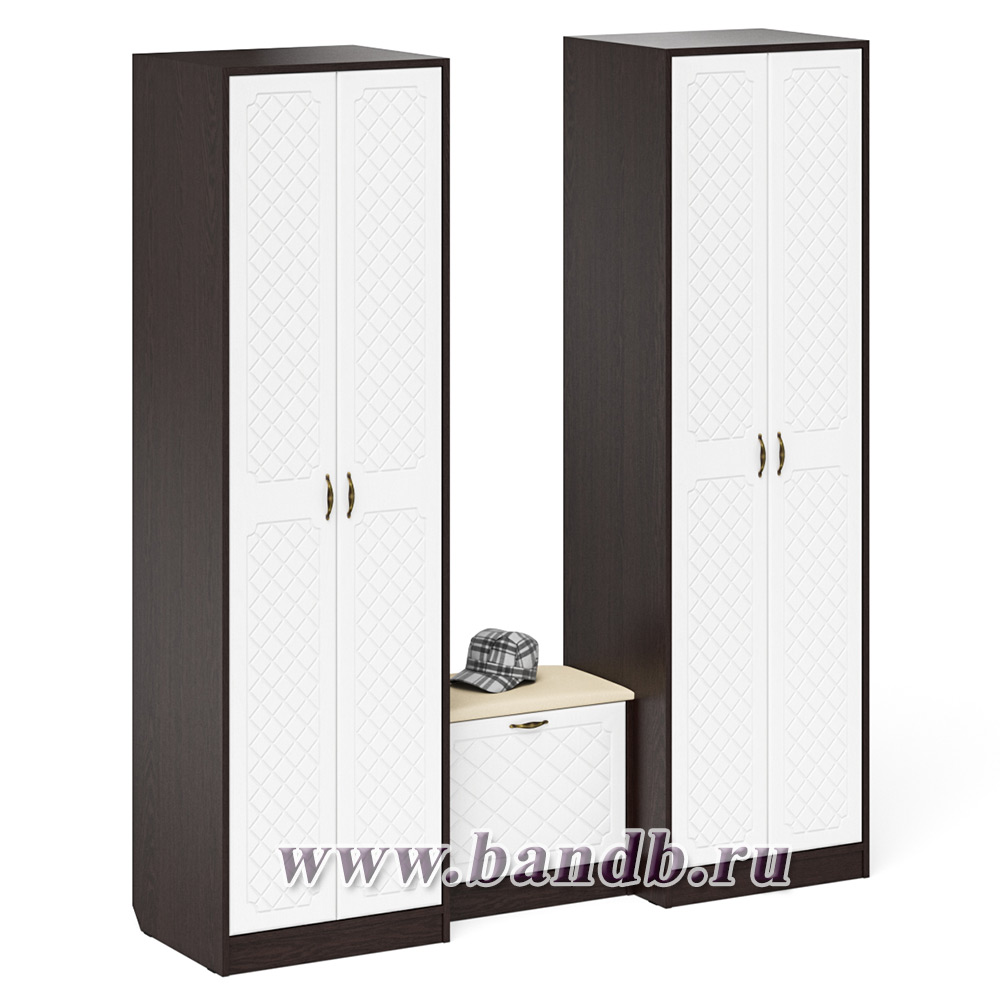 Два шкафа с дверками и обувница с сиденьем П-6 цвет венге/фасады МДФ белое дерево фрезеровка ромб Картинка № 3