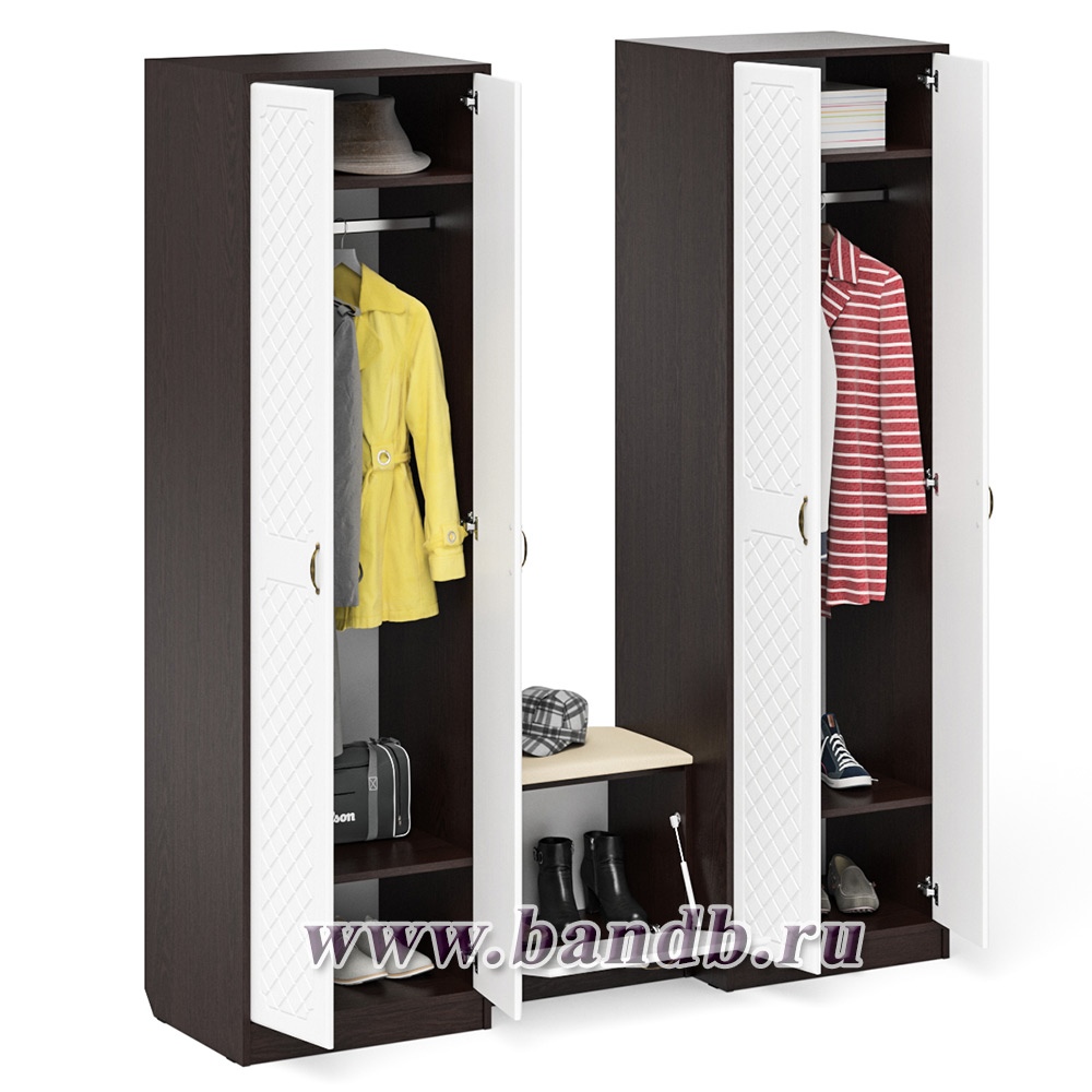 Два шкафа с дверками и обувница с сиденьем П-6 цвет венге/фасады МДФ белое дерево фрезеровка ромб Картинка № 4