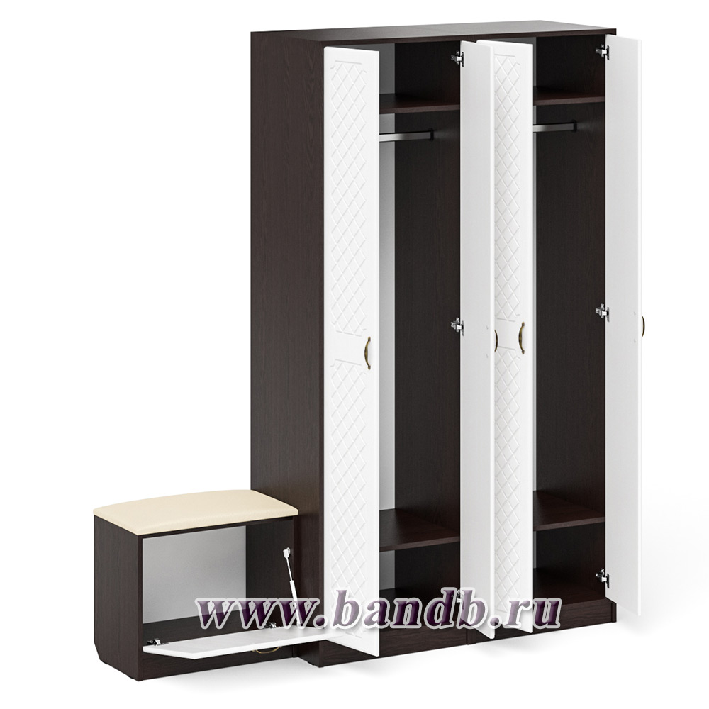 Два шкафа с дверками и обувница с сиденьем П-6 цвет венге/фасады МДФ белое дерево фрезеровка ромб Картинка № 6
