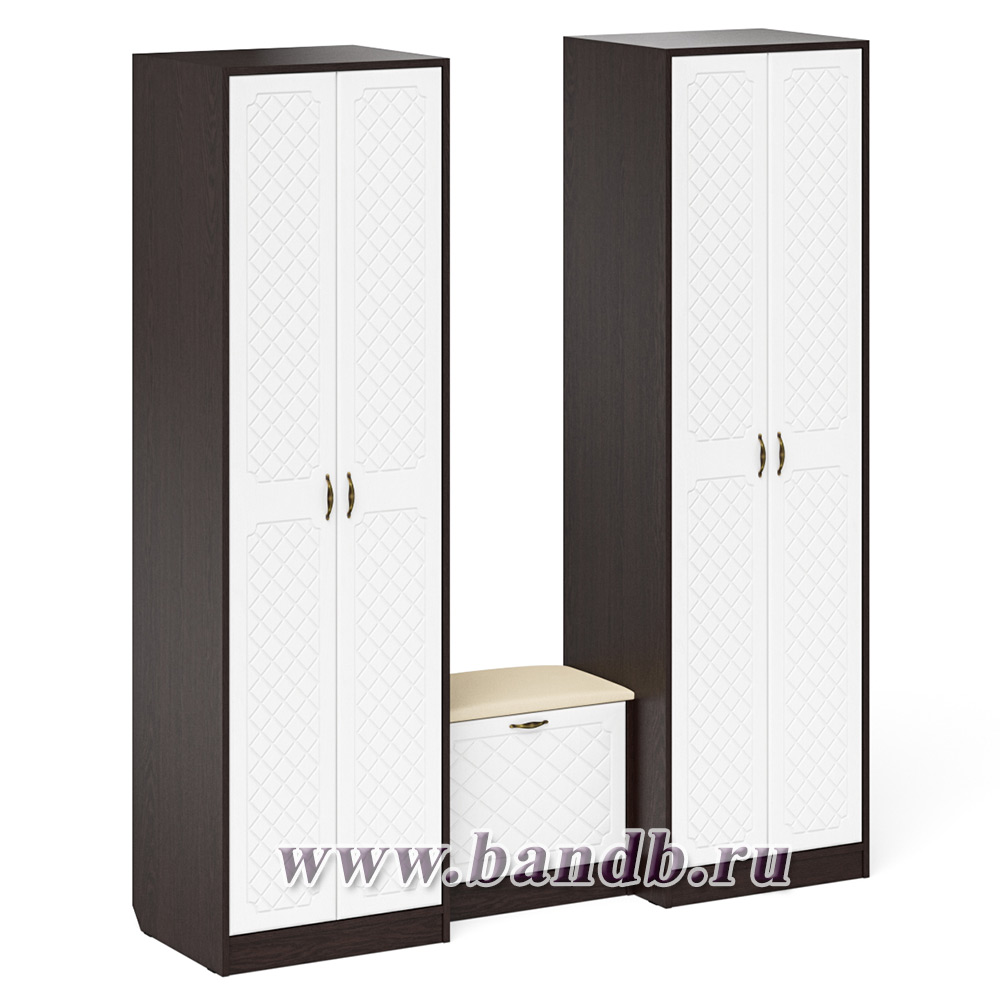 Два шкафа с дверками и обувница с сиденьем П-6 цвет венге/фасады МДФ белое дерево фрезеровка ромб Картинка № 7