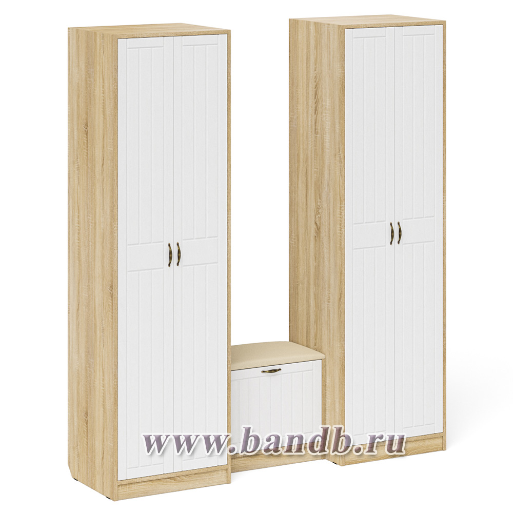 Два шкафа с дверками и обувница с сиденьем П-6 цвет дуб сонома/фасады МДФ белое дерево фрезеровка прованс Картинка № 7