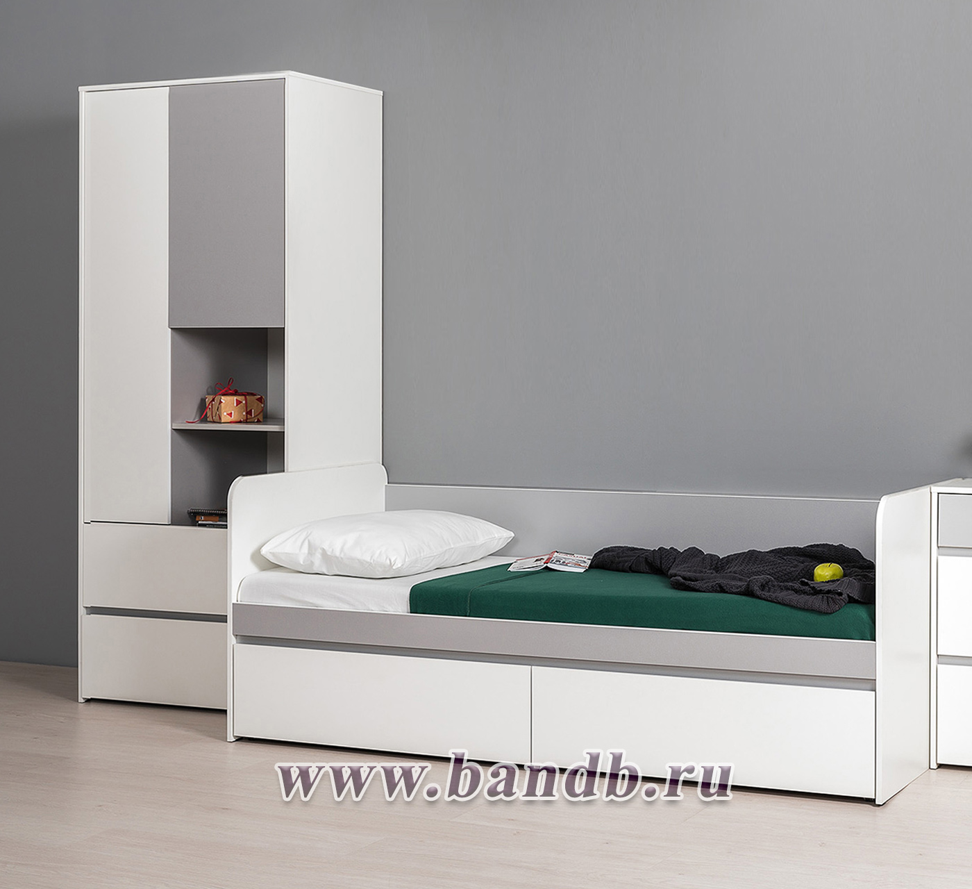 Детская кровать с ящиками и шкаф Торонто цвет белый шагрень/стальной серый Картинка № 9