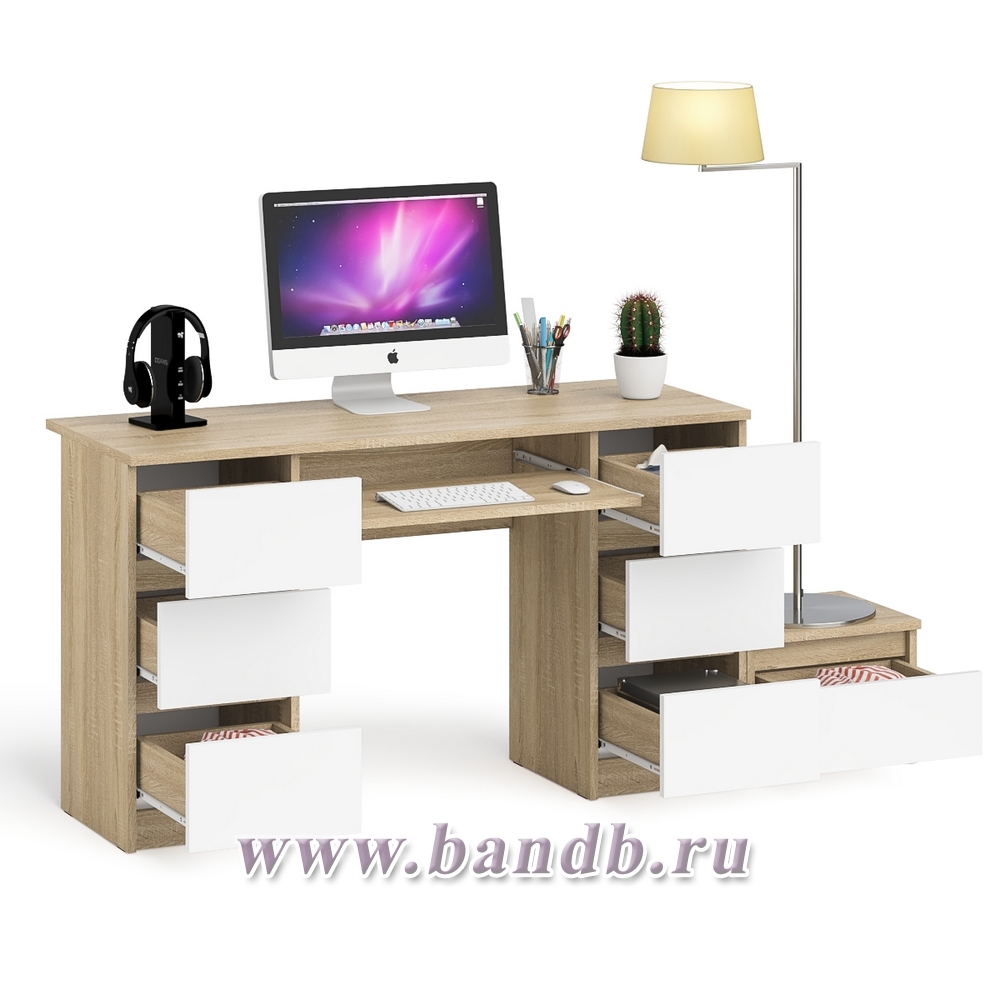 Компьютерный двухтумбовый стол Мори с дополнительной тумбой цвет дуб сонома/белый Картинка № 2
