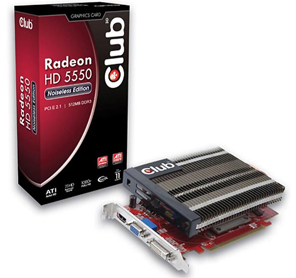 Club 3D анонсировала бесшумный видеоадаптер Radeon HD 5550.