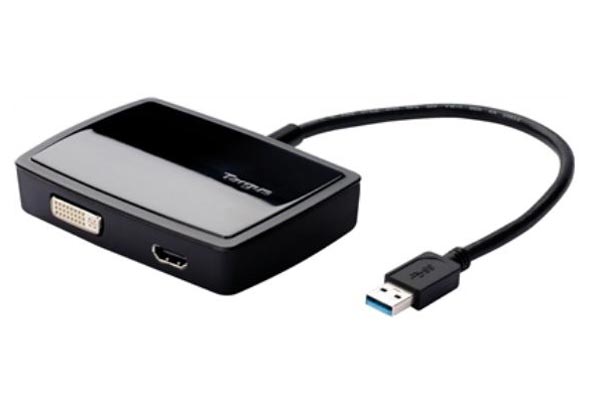 Targus USB 3.0 SuperSpeed Dual Video Adapter мини-адаптер позволяет подключить к лэптопу два внешних монитора.