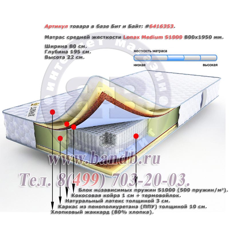 Матрас средней жесткости Lonax Medium S1000 800х1950 мм. Картинка № 1 Матрас средней жесткости Lonax Medium S1000 800х1950 мм. Картинка № 1