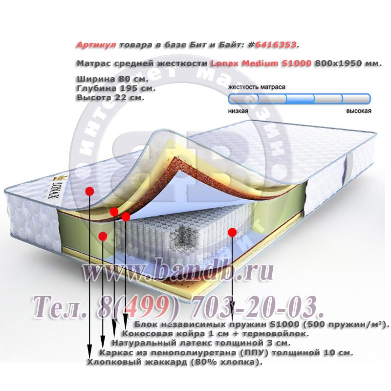 Матрас средней жесткости Lonax Medium S1000 800х1950 мм. Картинка № 1