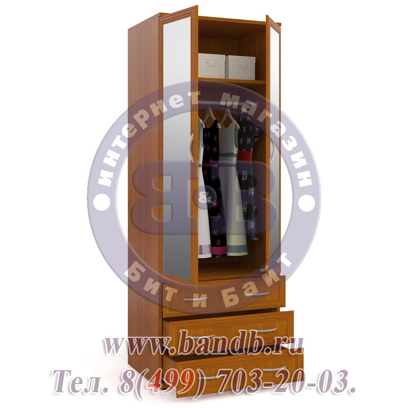 Шкаф ШК-3-Зерк-2 для одежды с 3-мя ящиками два зеркала вишня Картинка № 2