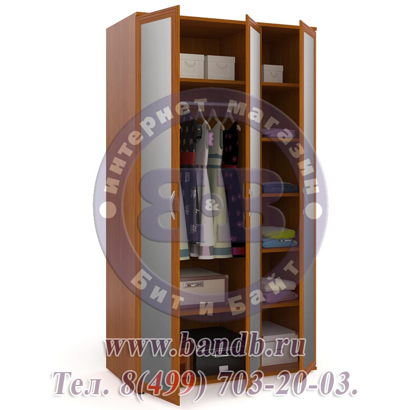 Шкаф для одежды и белья 3-х дверный с тремя зеркалами ШК-4-Зерк-3 вишня Картинка № 2