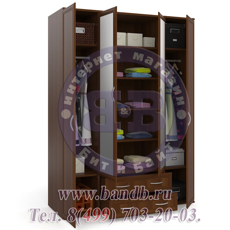 Шкаф для одежды и белья 4-х дверный ШК-5-Зерк-2 цвет орех Картинка № 2