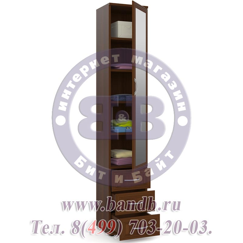 Шкаф ШК-6А-Зерк для белья с 3-мя ящиками плоский с зеркалом орех Картинка № 2