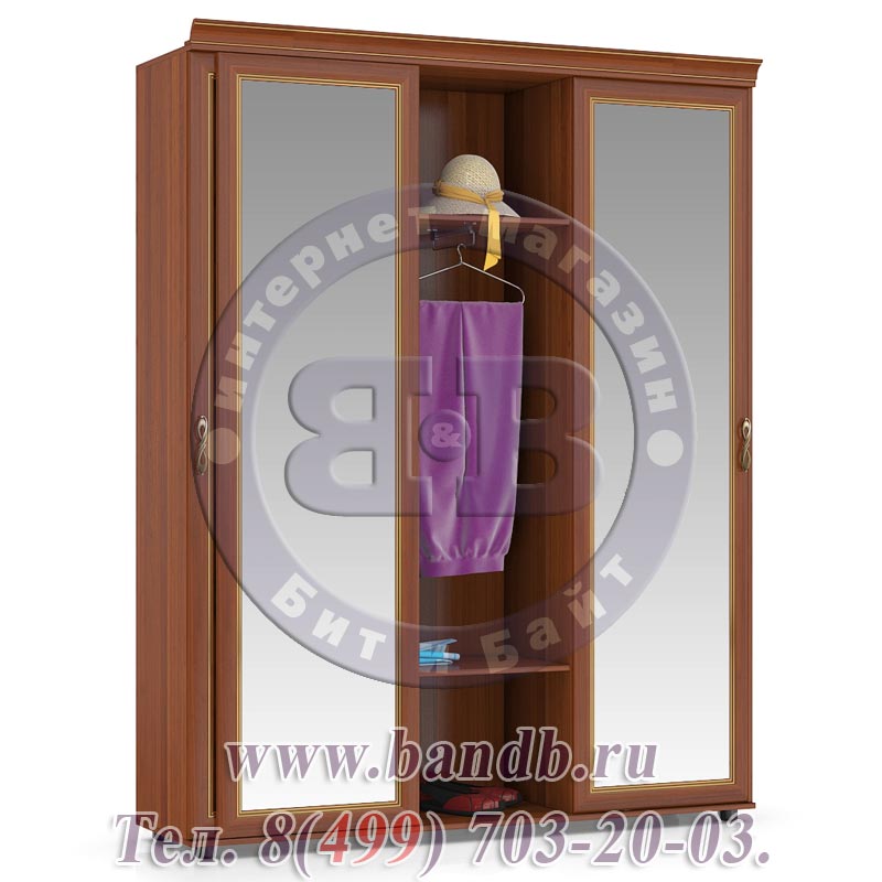 Александрия орех Шкаф-купе 3-х створчатый с зеркальными дверями Картинка № 3