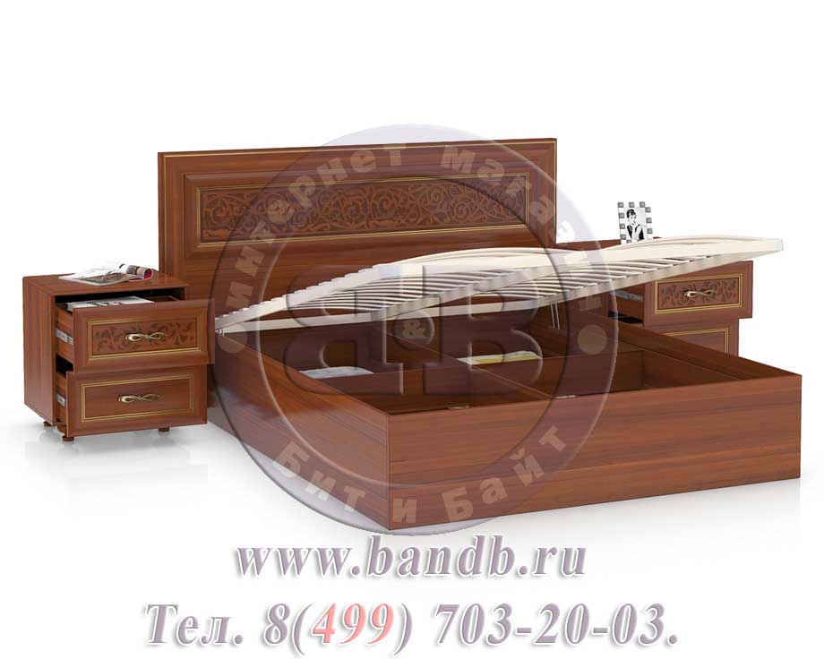 Спальня Александрия орех ЛД-625-030 + 080+080 Кровать 1600 с подъёмным механизмом + две тумбочки Картинка № 2
