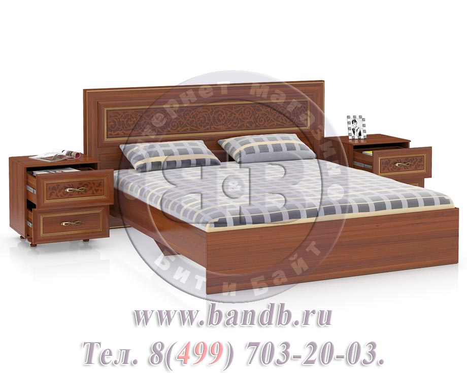 Спальня Александрия орех ЛД-625-170М + 080+080 Кровать 1800М + две тумбочки Картинка № 2