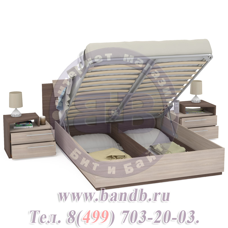 Кровать Моника 1600 + две тумбы ясень светлый/ясень тёмный спальное место 1600х2000 мм. Картинка № 2