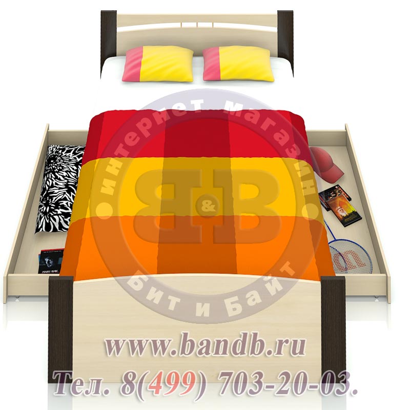 Кровать 1400 двуспальная Олмеко с двумя ящиками венге/дуб молочный спальное место 1400х2000 мм. Картинка № 4