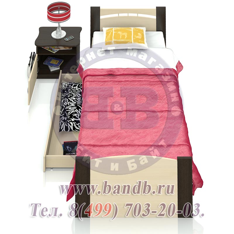 Олмеко Кровать 900 с ящиком+Тумба прикроватная венге/дуб молочный Картинка № 4