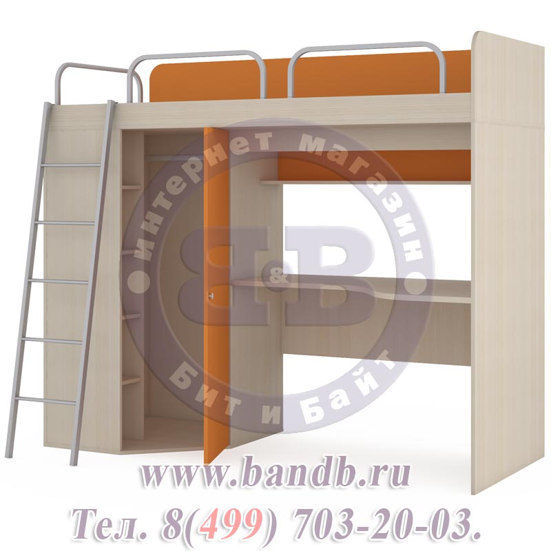 Кровать-чердак со столом, лестницей и ограждениями Тетрис 345, дуб молочный/оранжевый Картинка № 8