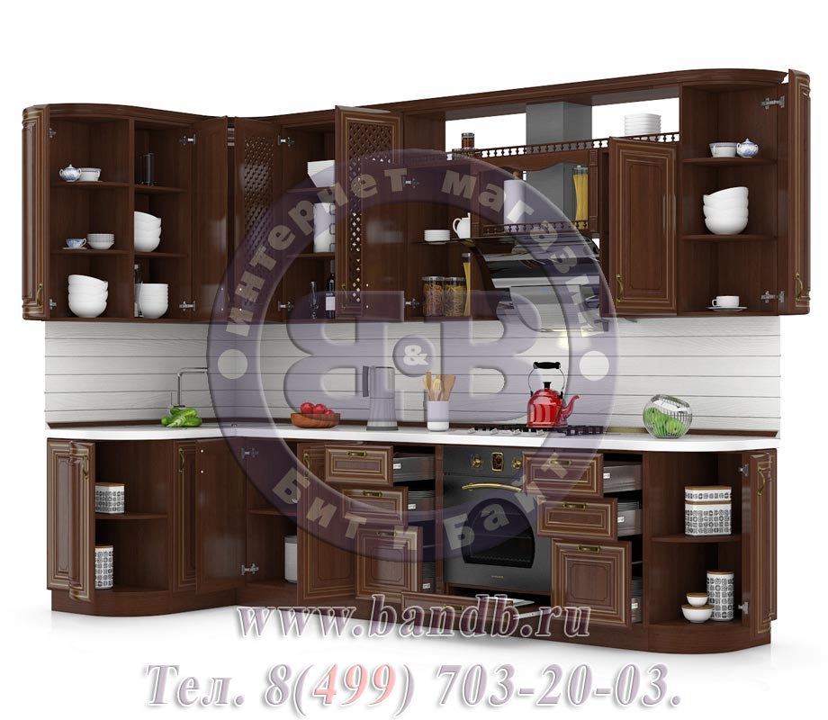 Кухня Кантри Орех № 17 312+132 см. угловая, универсальная сборка, стеновые панели в комплекте Картинка № 4