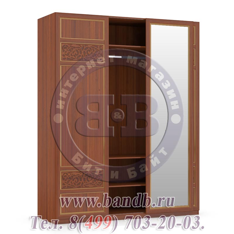Шкаф-купе 3-х створчатый зеркальная+две глухие двери для спальни Александрия цвет орех Картинка № 7