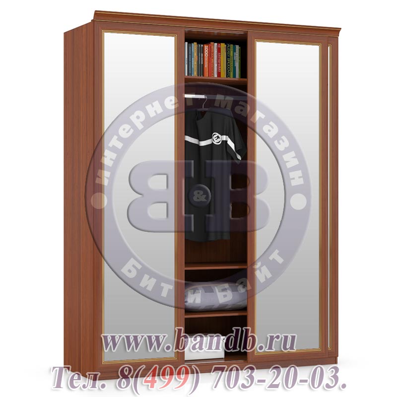 Шкаф-купе 3-х створчатый с зеркальными дверями для спальни Александрия цвет орех Картинка № 3