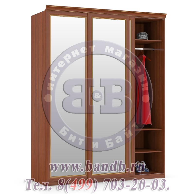 Шкаф-купе 3-х створчатый с зеркальными дверями для спальни Александрия цвет орех Картинка № 4