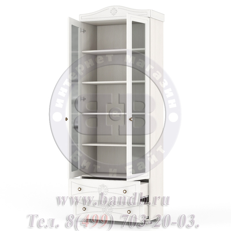 Шкаф книжный со стеклянными фасадами и двумя ящиками Онега ШК-37 цвет белый Картинка № 4