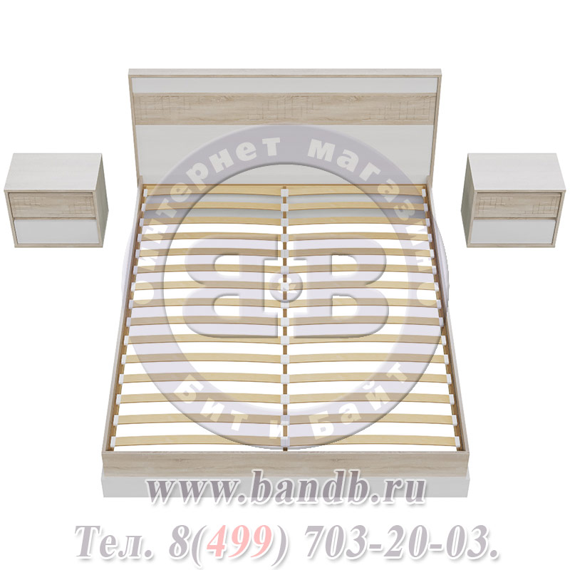 Двухспальная кровать Мальта + две прикроватные тумбочки дуб сонома/рамух белый МДФ спальное место 1600х2000 мм. Картинка № 4
