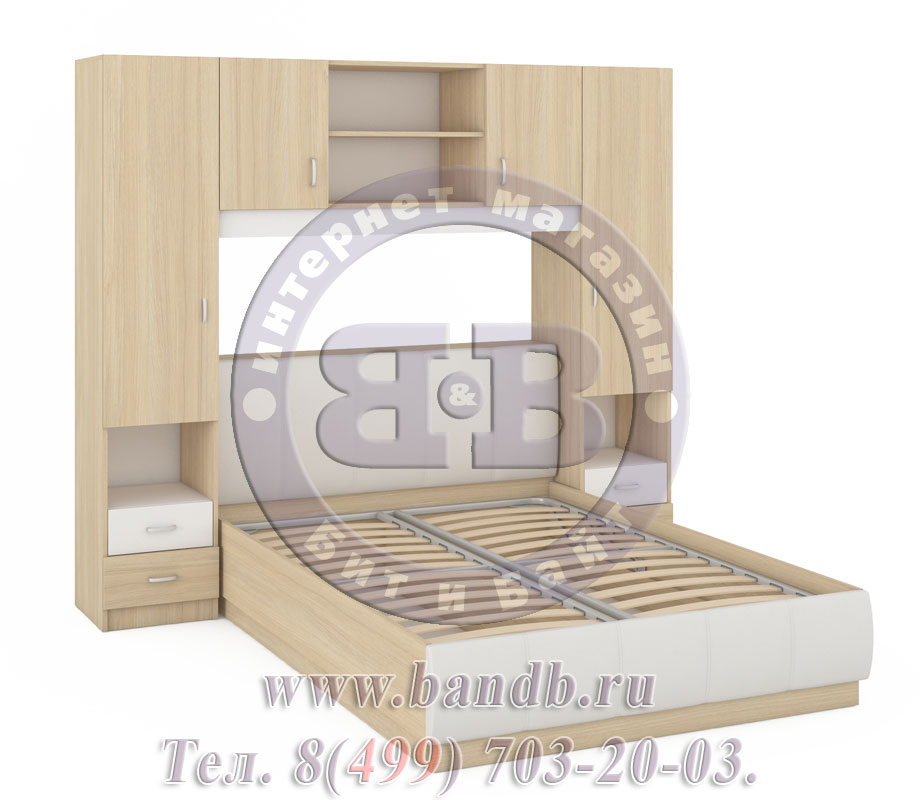 Кровать с подъёмным механизмом и шкафами Линда 1400 дуб сонома/белая искусственная кожа Картинка № 3
