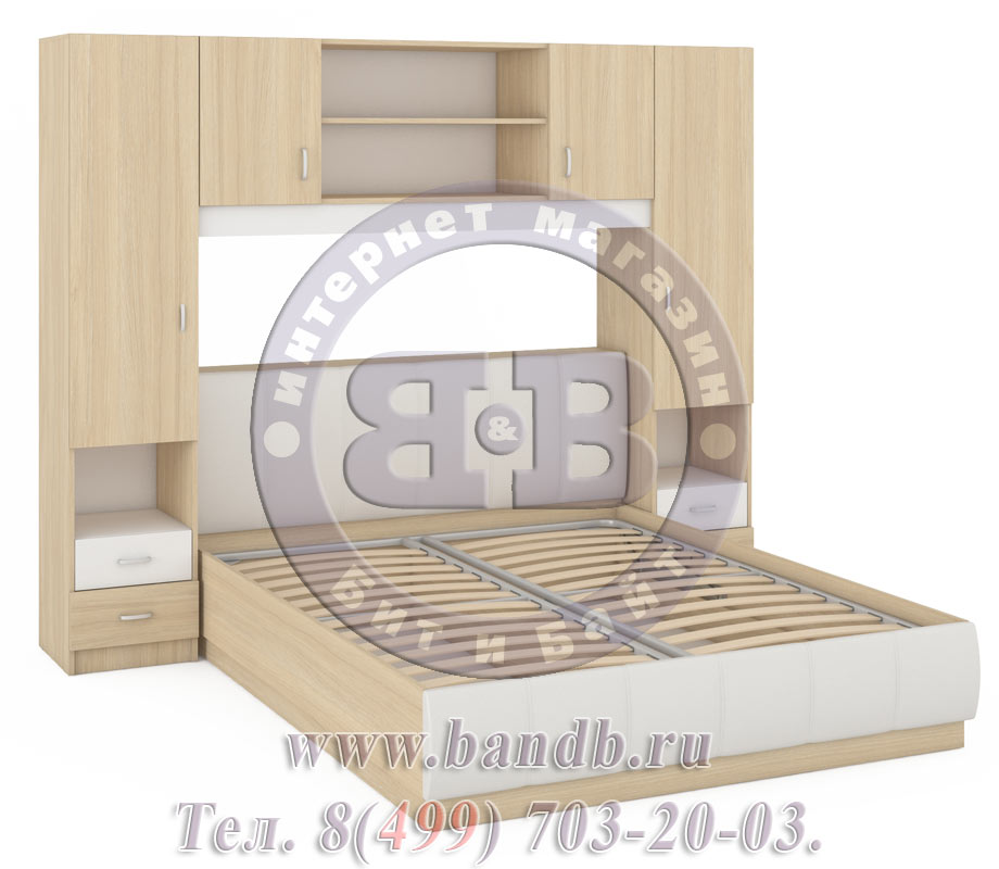 Кровать с подъёмным механизмом и шкафами Линда 1600 дуб сонома/белая искусственная кожа Картинка № 3