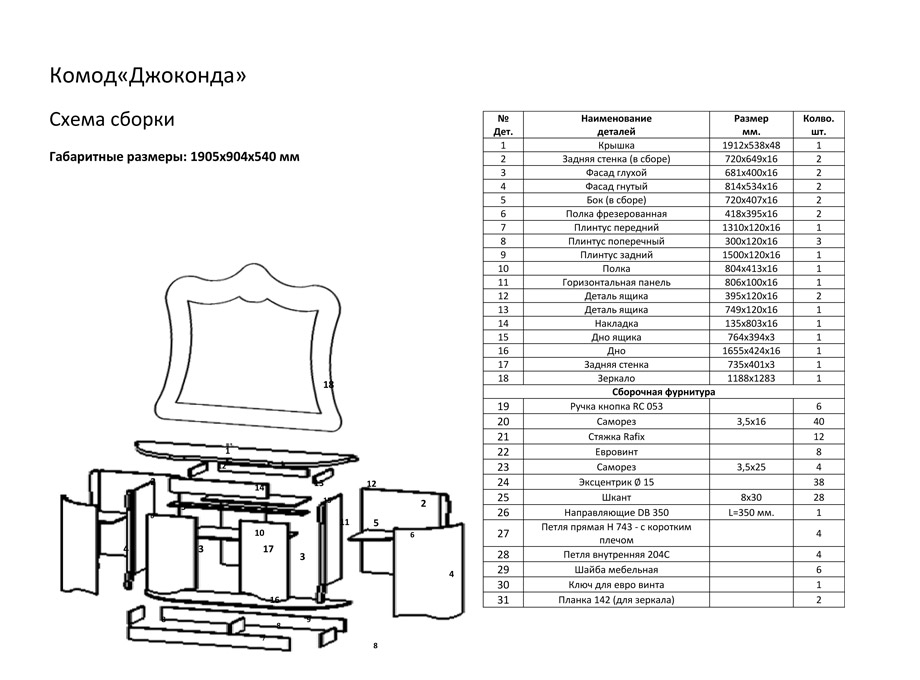 Сервант + Комод с зеркалом Джоконда 1,9 цвет крем Картинка № 11