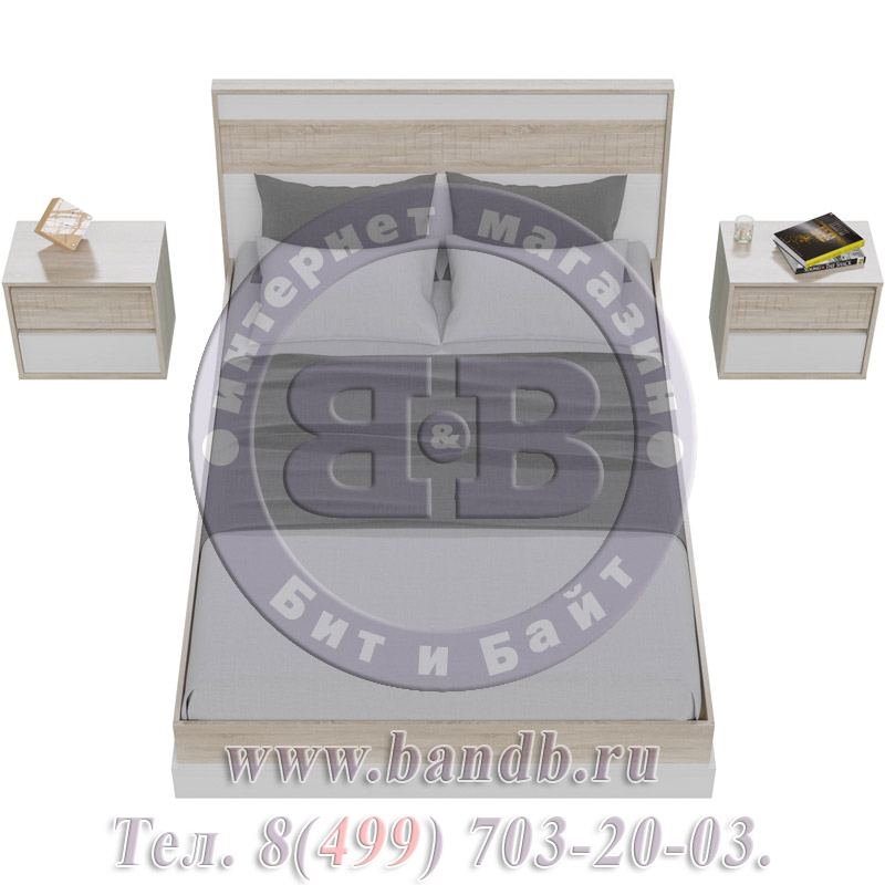 Кровать двухспальная Мальта 1400 + две прикроватные тумбочки дуб сонома/рамух белый МДФ спальное место 1400х2000 мм. Картинка № 3