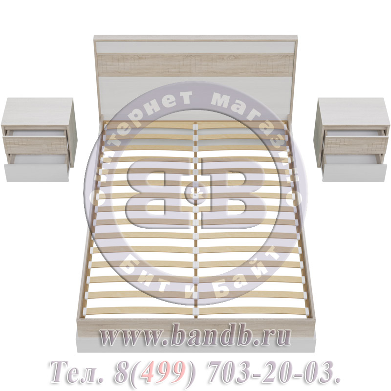 Кровать двухспальная Мальта 1400 + две прикроватные тумбочки дуб сонома/рамух белый МДФ спальное место 1400х2000 мм. Картинка № 4