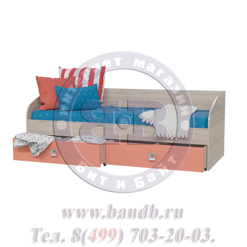 Кровать односпальная детская с двумя ящиками Сити цвет дуб сонома/коралл Картинка № 2