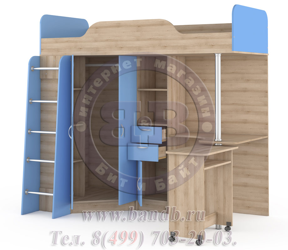 Кровать-чердак со столом Ника 427Т цвет бук песочный/капри синий Картинка № 4