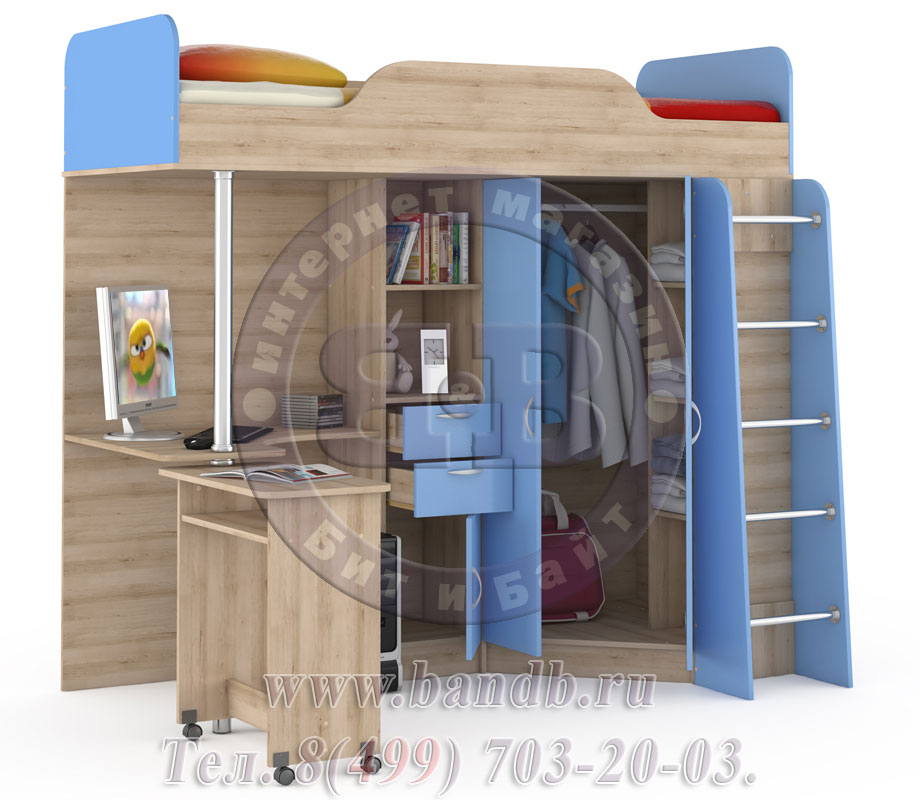 Кровать-чердак со столом Ника 427Т цвет бук песочный/капри синий Картинка № 6