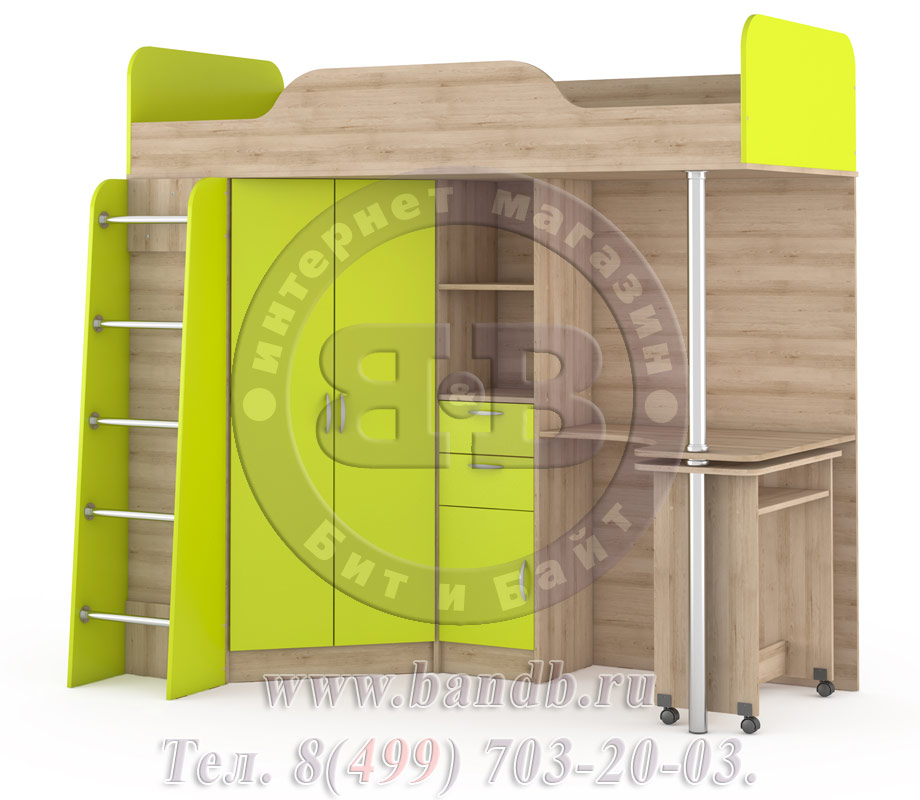 Кровать-чердак со столом Ника 427Т цвет бук песочный/лайм зелёный Картинка № 3