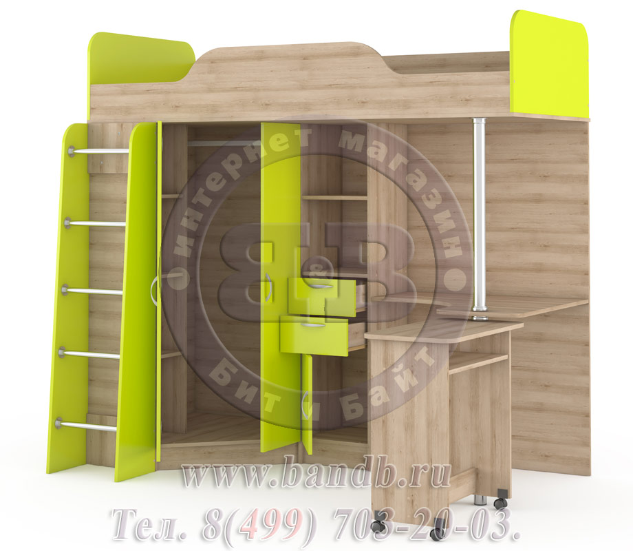 Кровать-чердак со столом Ника 427Т цвет бук песочный/лайм зелёный Картинка № 4