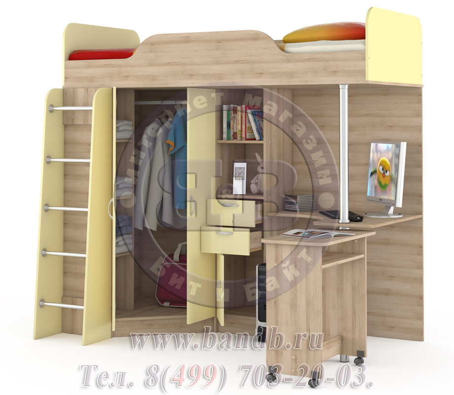 Кровать-чердак со столом Ника 427Т цвет бук песочный/лимонный сорбет Картинка № 2