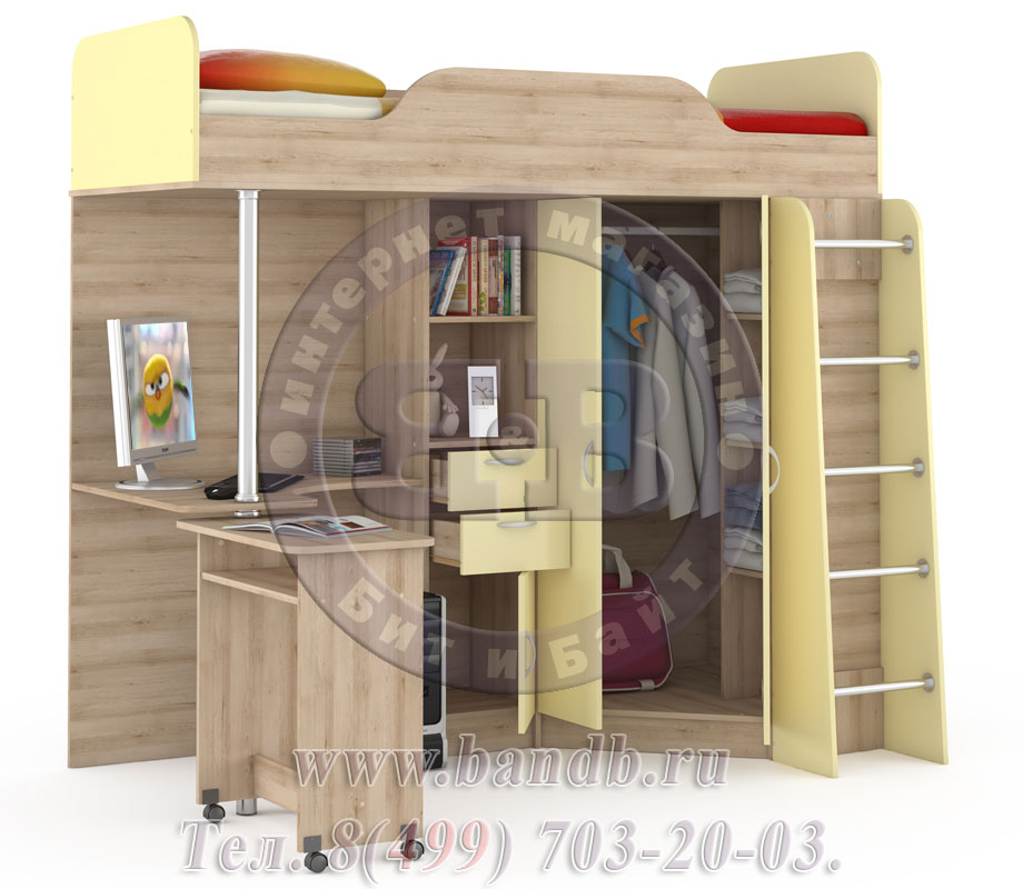 Кровать-чердак со столом Ника 427Т цвет бук песочный/лимонный сорбет Картинка № 6