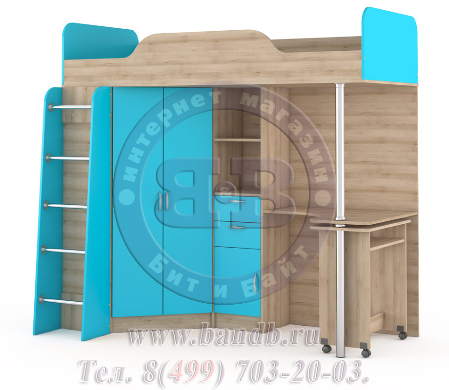 Кровать-чердак со столом Ника 427Т цвет бук песочный/мармара голубая Картинка № 3