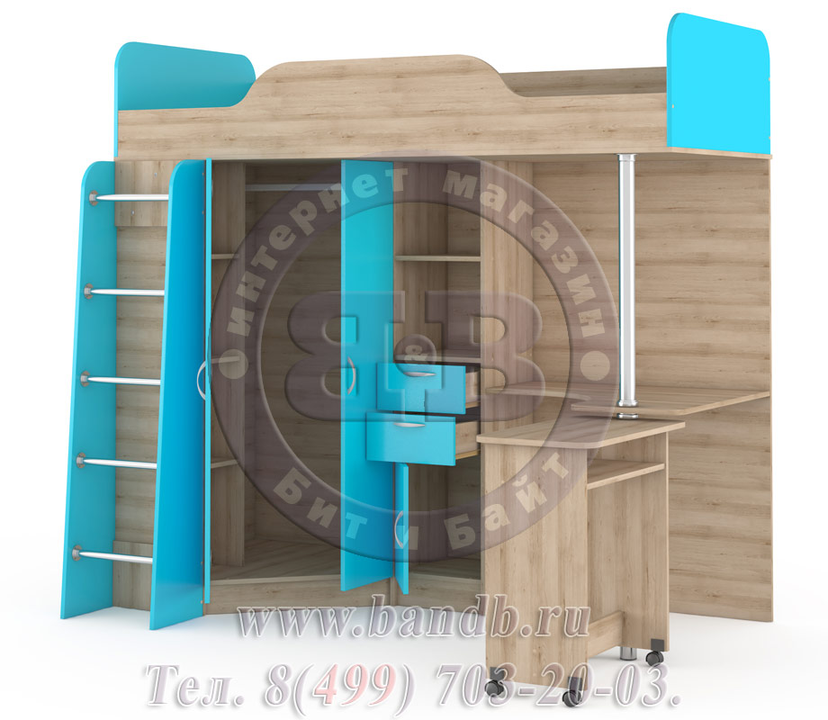 Кровать-чердак со столом Ника 427Т цвет бук песочный/мармара голубая Картинка № 4