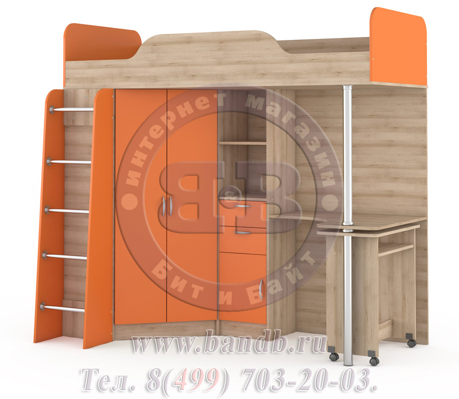 Кровать-чердак со столом для детской Ника цвет бук песочный/оранжевый Картинка № 3