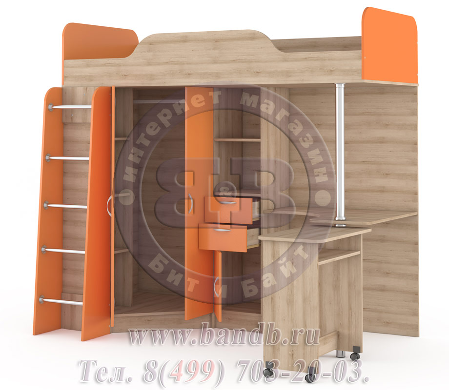 Кровать-чердак со столом Ника 427Т цвет бук песочный/оранжевый Картинка № 4