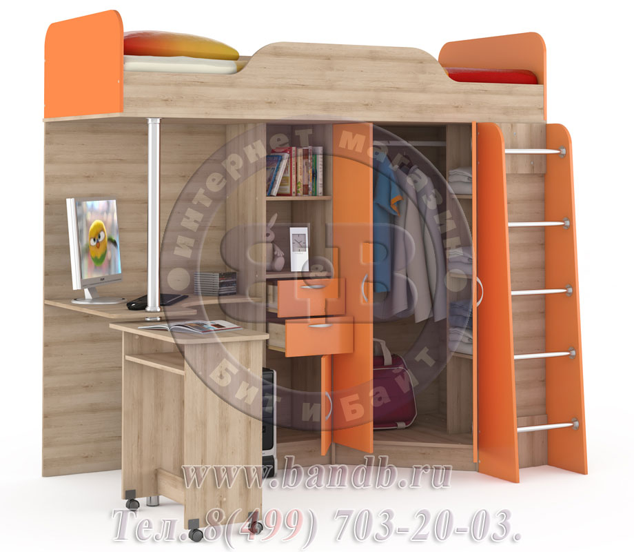 Кровать-чердак со столом для детской Ника цвет бук песочный/оранжевый Картинка № 6